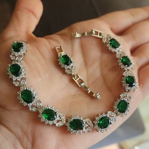 New 925 Silver Oval Cut Emerald Diamond Flower Bracelet with Extender for Women